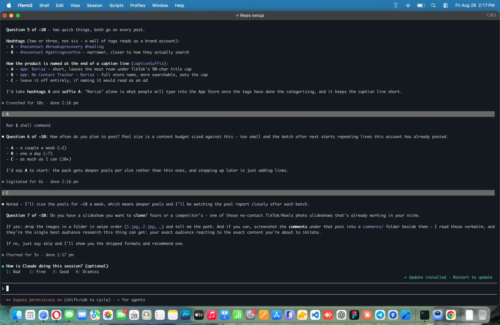 Terminal screenshot: You clone a viral slideshow, or use a built-in format